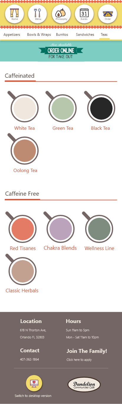 Dandelion Communitea Cafe website rebrand mockup.